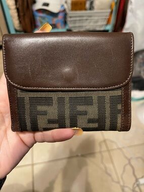 Fendi Zucca Brown Leather & Brown FF Logo Canvas Card Wallet